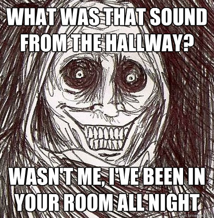 What was that sound from the hallway? wasn't me, I've been in your room all night - What was that sound from the hallway? wasn't me, I've been in your room all night  Horrifying Houseguest