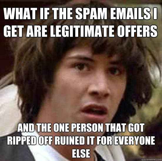 what if the spam emails i get are legitimate offers and the one person that got ripped off ruined it for everyone else - what if the spam emails i get are legitimate offers and the one person that got ripped off ruined it for everyone else  conspiracy keanu