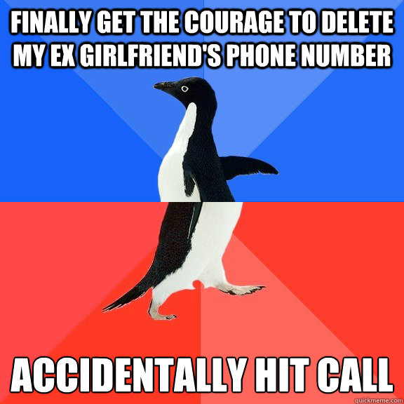 Finally get the courage to delete my Ex Girlfriend's phone number Accidentally hit call
    Socially Awkward Awesome Penguin