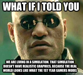 what if i told you we are living in a simulation. That simulation doesn't have realistic graphics, because the real world looks like what the 1st year gamers model - what if i told you we are living in a simulation. That simulation doesn't have realistic graphics, because the real world looks like what the 1st year gamers model  Matrix Morpheus