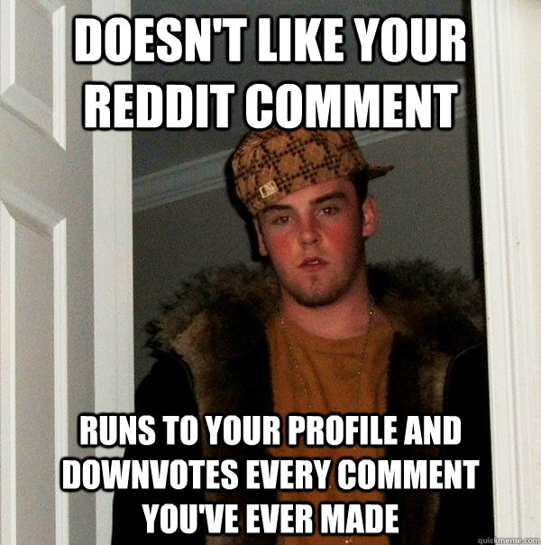 Doesn't like your Reddit comment Runs to your profile and downvotes every comment you've ever made  Scumbag Steve