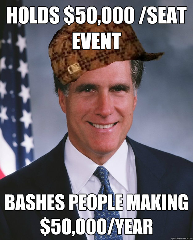 holds $50,000 /seat event bashes people making $50,000/year   Scumbag Romney