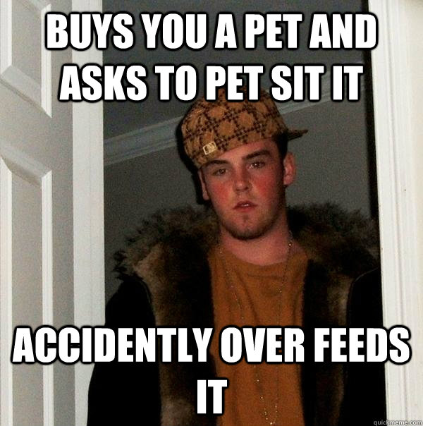 buys you a pet and asks to pet sit it accidently over feeds it  Scumbag Steve