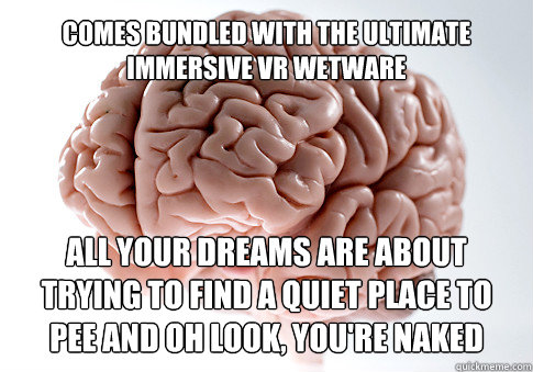 comes bundled with the ultimate immersive vr wetware all your dreams are about trying to find a quiet place to pee and oh look, you're naked  Scumbag Brain