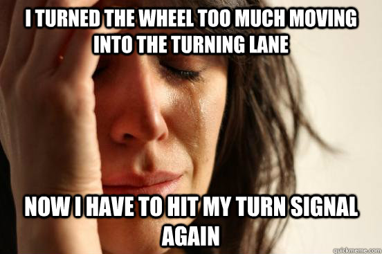 I turned the wheel too much moving into the turning lane Now I have to hit my turn signal again - I turned the wheel too much moving into the turning lane Now I have to hit my turn signal again  First World Problems