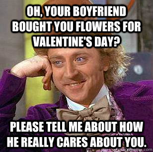 Oh, your boyfriend bought you flowers for valentine's day? Please tell me about how he really cares about you.  Condescending Wonka