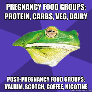 pregnancy food groups: protein, carbs, veg, dairy post-pregnancy food groups: valium, scotch, coffee, nicotine   