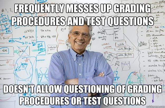 frequently messes up grading procedures and test questions doesn't allow questioning of grading procedures or test questions  Engineering Professor