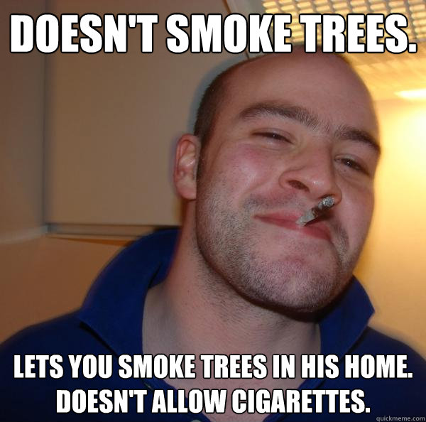 Doesn't smoke trees. Lets you smoke trees in his home.
Doesn't allow cigarettes.  - Doesn't smoke trees. Lets you smoke trees in his home.
Doesn't allow cigarettes.   Misc