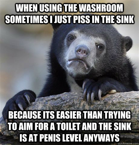 When using the washroom sometimes I just piss in the sink Because its easier than trying to aim for a toilet and the sink is at penis level anyways  Confession Bear