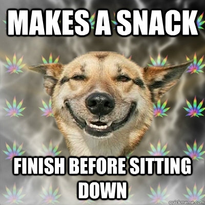 Makes a snack finish before sitting down  Stoner Dog