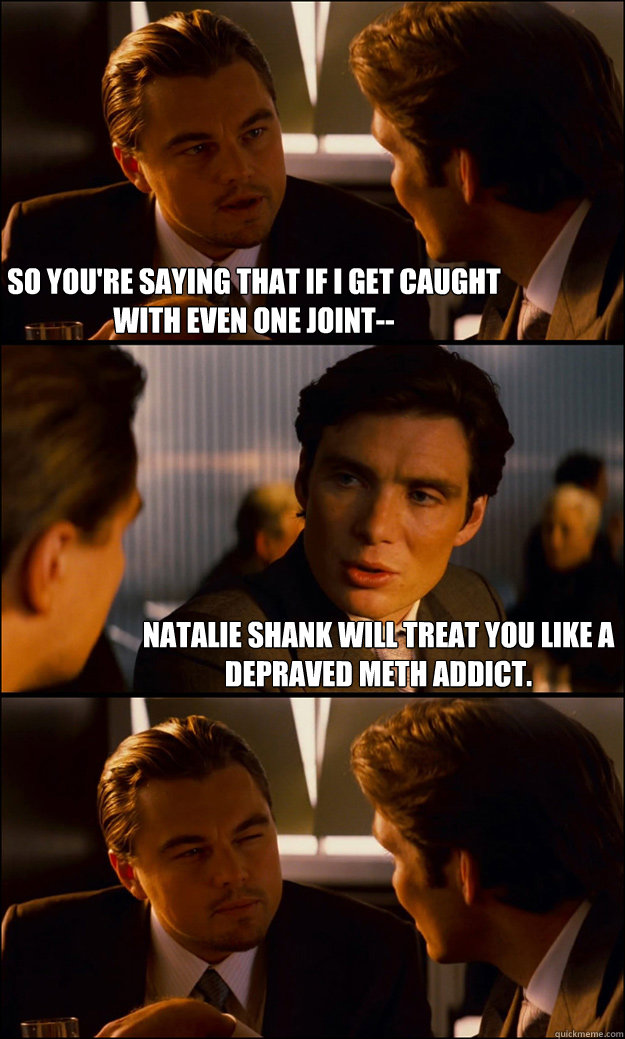 So you're saying that if I get caught with even one joint-- Natalie Shank will treat you like a depraved meth addict.   Inception