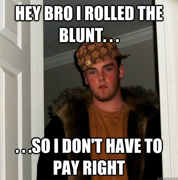 Hey bro i rolled the blunt. . . . . .so i don't have to pay right  Scumbag Steve