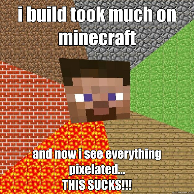 i build took much on minecraft and now i see everything pixelated... 
THIS SUCKS!!!  Minecraft