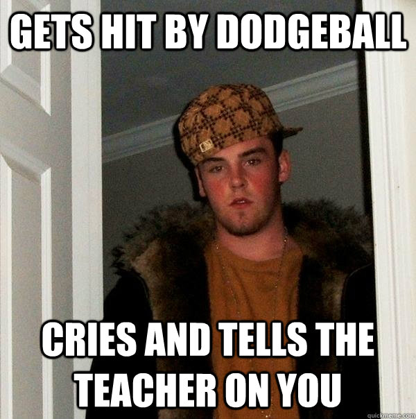 Gets hit by dodgeball Cries and tells the teacher on you  Scumbag Steve