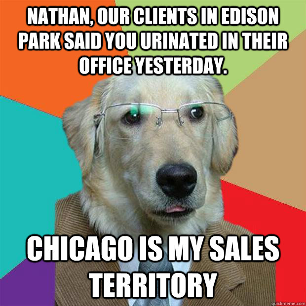 nathan, our clients in Edison park said you urinated in their office yesterday. chicago is my sales territory  Business Dog