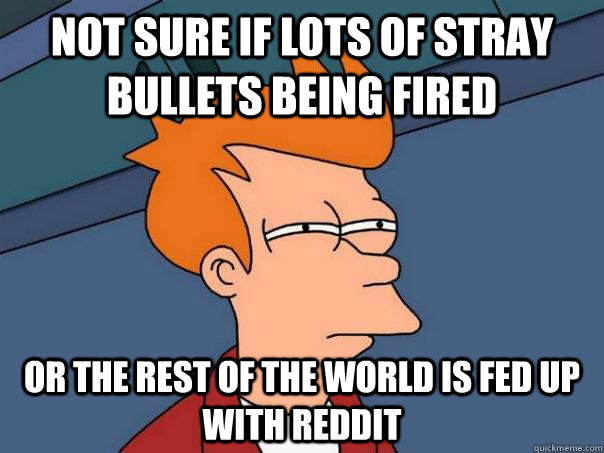 Not sure if lots of stray bullets being fired Or the rest of the world is fed up with reddit  Futurama Fry