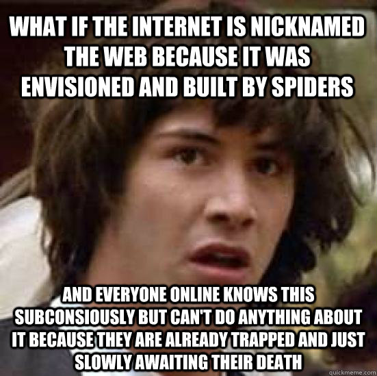 What if the internet is nicknamed THE WEB because it was envisioned and built by spiders and everyone online knows this subconsiously but can't do anything about it because they are already trapped and just slowly awaiting their death  conspiracy keanu