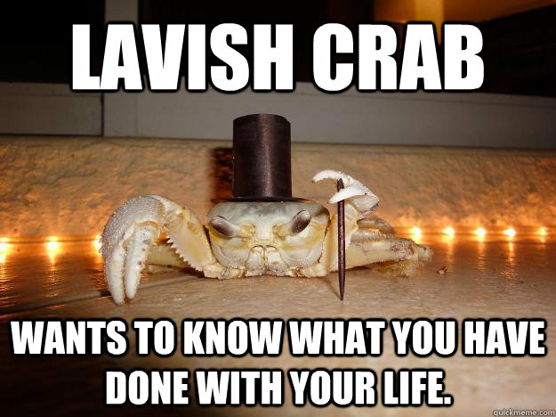 Lavish crab wants to know what you have done with your life.  Fancy Crab