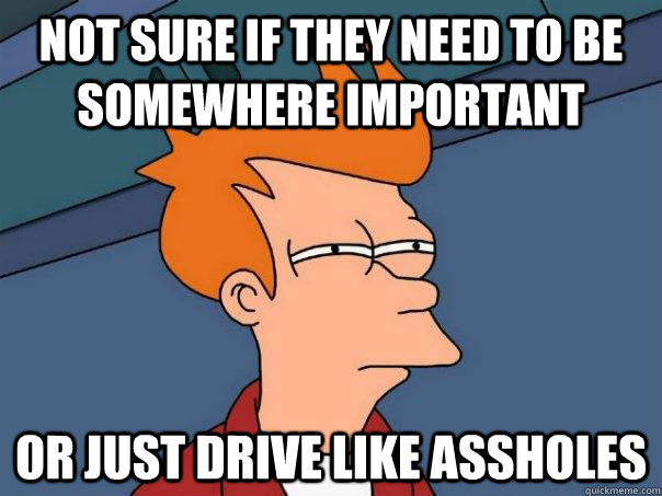 Not sure if they need to be somewhere important Or just drive like assholes  Futurama Fry