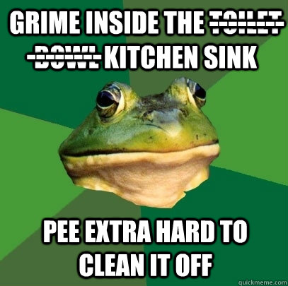 Grime inside the toilet bowl KITCHEN SINK pee extra hard to clean it off -------- --------  Foul Bachelor Frog