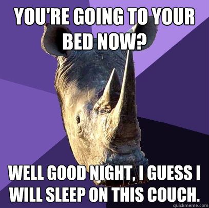 You're going to your bed now? Well good night, I guess I will sleep on this couch.   Sexually Oblivious Rhino