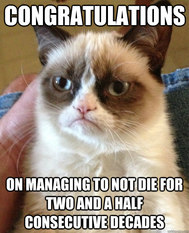 congratulations on managing to not die for two and a half consecutive decades  Grumpy Cat