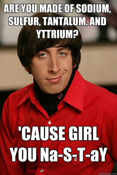 ARE YOU MADE OF SODIUM, SULFUR, TANTALUM, AND YTTRIUM?
 'CAUSE GIRL YOU Na-S-T-aY
 - ARE YOU MADE OF SODIUM, SULFUR, TANTALUM, AND YTTRIUM?
 'CAUSE GIRL YOU Na-S-T-aY
  Pickup Line Scientist