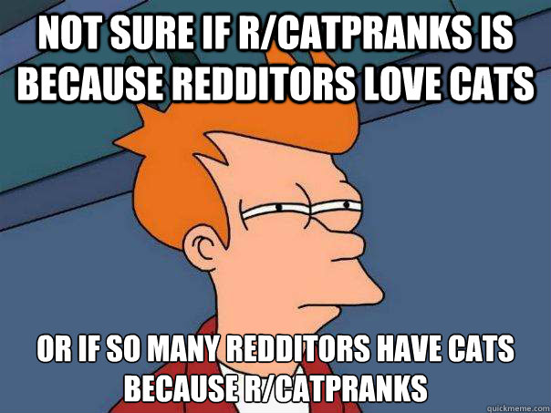 not sure if r/catpranks is because redditors love cats or if so many redditors have cats because r/catpranks  Futurama Fry