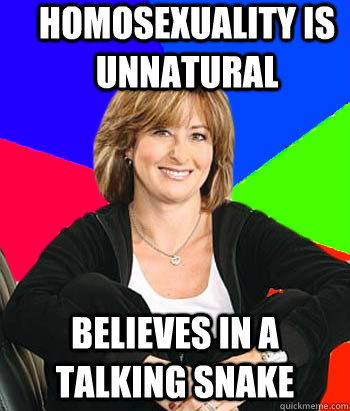 Homosexuality is unnatural  Believes in a talking snake  Sheltering Suburban Mom