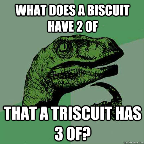 What does a Biscuit have 2 of THat a triscuit has 3 of?  Philosoraptor