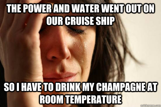 The power and water went out on our cruise ship so I have to drink my champagne at room temperature - The power and water went out on our cruise ship so I have to drink my champagne at room temperature  First World Problems