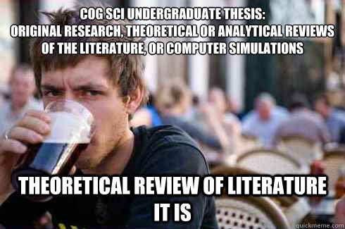 Cog Sci Undergraduate Thesis:
original research, theoretical or analytical reviews of the literature, or computer simulations theoretical review of literature it is  Lazy College Senior