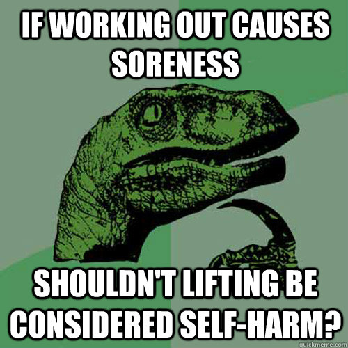 if working out causes soreness shouldn't lifting be considered self-harm? - if working out causes soreness shouldn't lifting be considered self-harm?  Philosoraptor