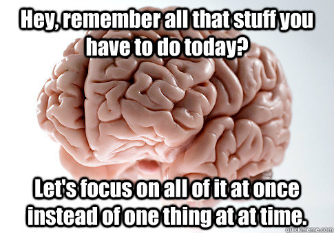 Hey, remember all that stuff you have to do today? Let's focus on all of it at once instead of one thing at at time.   Scumbag Brain