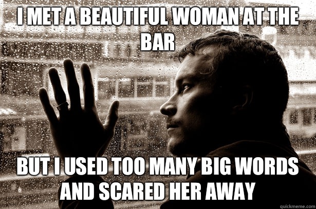 I met a beautiful woman at the bar But I used too many big words and scared her away  Over-Educated Problems