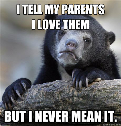 I tell my parents 
I love them but I never mean it.  Confession Bear