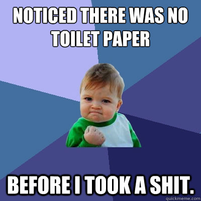 Noticed there was no toilet paper Before I took a shit.  Success Kid