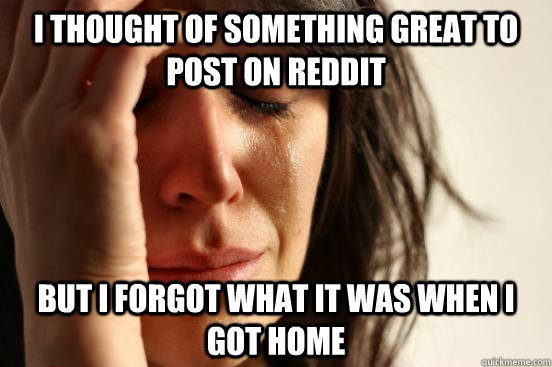 I thought of something great to post on reddit but I forgot what it was when I got home  First World Problems