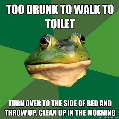 Too drunk to walk to toilet turn over to the side of bed and throw up, clean up in the morning - Too drunk to walk to toilet turn over to the side of bed and throw up, clean up in the morning  Foul Bachelor Frog