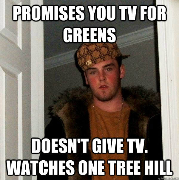 PROMISES YOU TV FOR GREENS DOESN'T GIVE TV. WATCHES ONE TREE HILL  Scumbag Steve