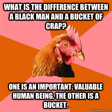 what is the difference between a black man and a bucket of crap? one is an important, valuable human being. the other is a bucket.  Anti-Joke Chicken