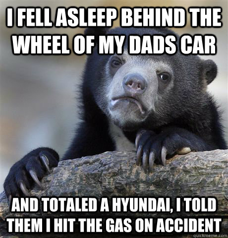 I fell asleep behind the wheel of my dads car and totaled a hyundai, I told them I hit the gas on accident  Confession Bear