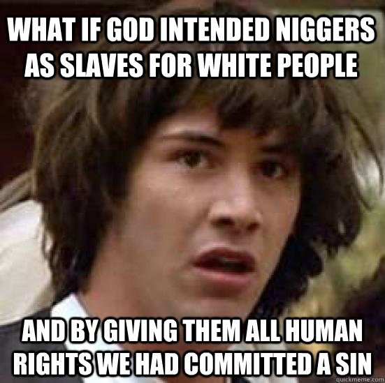 what if god intended niggers as slaves for white people  and by giving them all human rights we had committed a sin - what if god intended niggers as slaves for white people  and by giving them all human rights we had committed a sin  conspiracy keanu