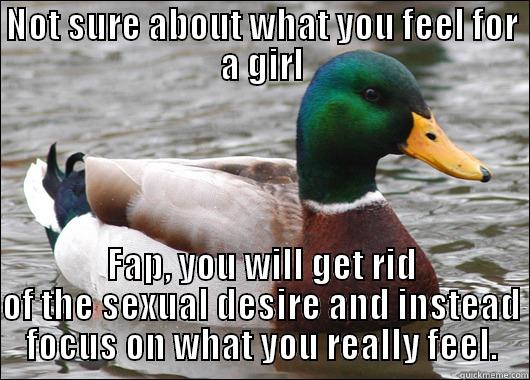 NOT SURE ABOUT WHAT YOU FEEL FOR A GIRL FAP, YOU WILL GET RID OF THE SEXUAL DESIRE AND INSTEAD FOCUS ON WHAT YOU REALLY FEEL. Actual Advice Mallard