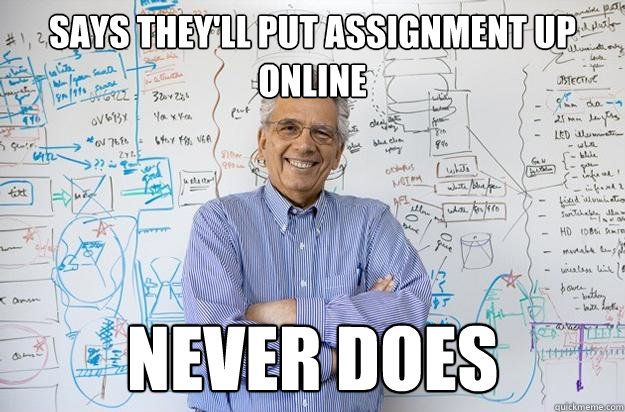 Says they'll put assignment up online Never does  Engineering Professor