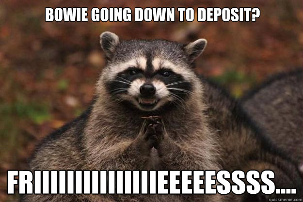 Bowie going down to deposit? friiiiiiiiiiiiiiieeeeessss.... - Bowie going down to deposit? friiiiiiiiiiiiiiieeeeessss....  Evil Plotting Raccoon