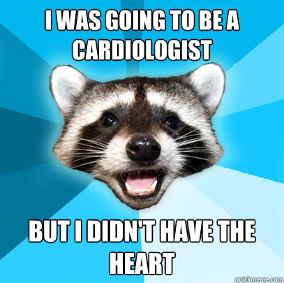 I was going to be a cardiologist but I didn't have the heart - I was going to be a cardiologist but I didn't have the heart  Lame Pun Coon