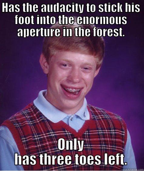 HAS THE AUDACITY TO STICK HIS FOOT INTO THE ENORMOUS APERTURE IN THE FOREST. ONLY HAS THREE TOES LEFT. Bad Luck Brian