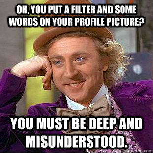 Oh, you put a filter and some words on your profile picture? You must be deep and misunderstood. - Oh, you put a filter and some words on your profile picture? You must be deep and misunderstood.  Condescending Wonka